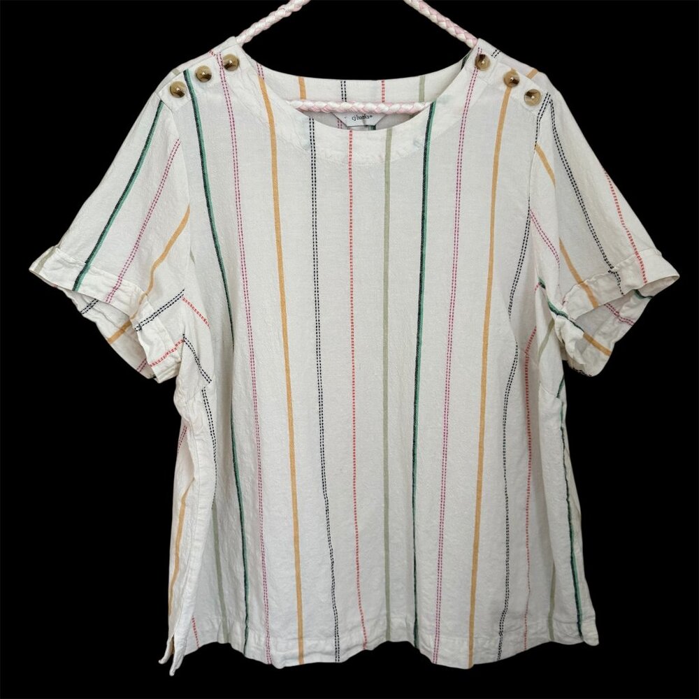 CJ Banks Womens Rainbow Striped Linen Rayon Top Size 1X Relaxed Coastal Beachy